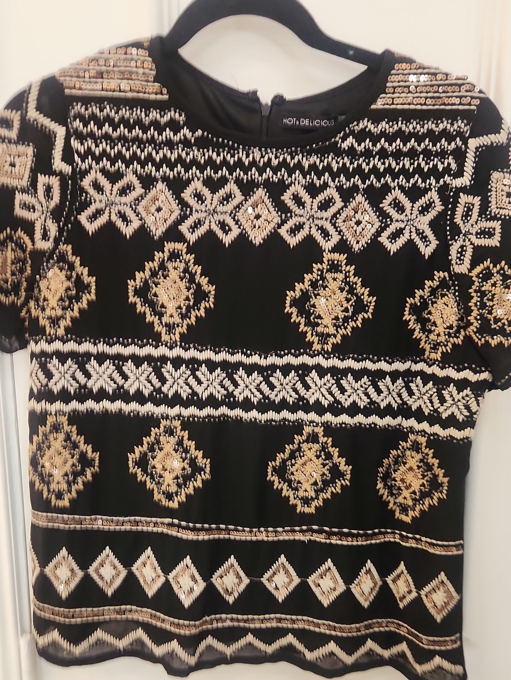 Hot & Delicious Black Short Sleeve Top with Gold and Cream Sequin Embroidery